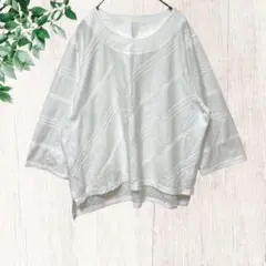 LAMONETラモネ/シアーシャツ/後ろ丈長め/トップス/斜め刺繍ライン/白