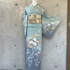 正絹 上質な訪問着 花にはく柄 水色系 袷