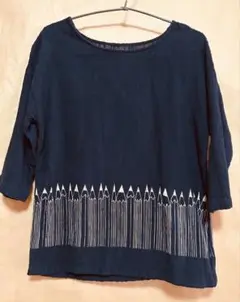 未着用 ネイビー レトロ鉛筆柄 五分袖 シワ加工 Tシャツ シワ加工 M