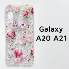 Galaxy A20,A21 カバー クリア 花 透明 ②