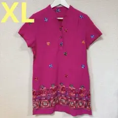 チュニック ブラウス 半袖 花刺繍 ※日本サイズXL