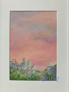 【オリジナル原画】　オイルパステル　ピンク色に染まる街　パステル　風景画　夕焼け