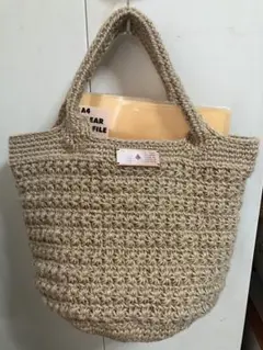 ハンドメイド☆麻ひもかごバッグ☆ナチュラル☆レザータグ付き☆肩がけ可☆たっぷり