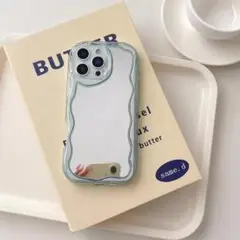 iPhone13/14ケース　グリーン　ミラー　クリア　なみなみ　ぷっくり