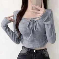 リボン付きグレー長袖クロップドトップス SHEIN シーイン DAZY リブ編み