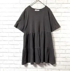 【socollal/ソコラ】半袖チュニック2ティアード綿グレー系フレア ギャザー