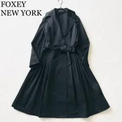 1878 Z美品フォクシー 洗える♡ギャザートレンチコート ベルト付き黒 L