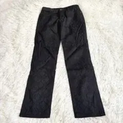 m1101 美品✨ミセスジーナゴールド ダマスク柄 ストレート黒パンツ M-L