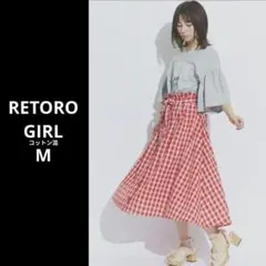 美品レトロガール ギンガムチェック コットンブレンド フレアスカート リボン