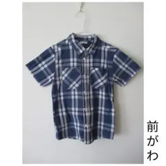 W胸ポケット ギンガムチェック カジュアルシャツ 青×白 半袖 BOYS 150