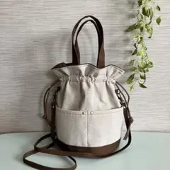 巾着型ショルダー&ハンドバッグ　ベージュリネン×茶帆布