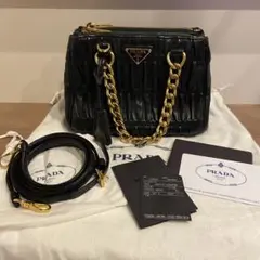 美品 プラダ オールレザー ギャザー 2way ミニ ハンドバッグ 本革