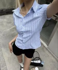 ベイドストライプ半袖シャツ スカイブルー