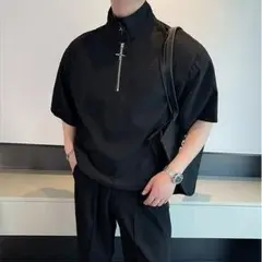 ハーフジップ Tシャツ　韓国　半袖　モード系　黒 XL スタンドカラー