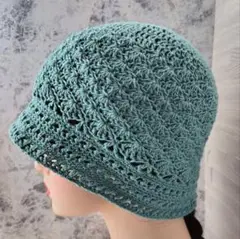 バケットハット　青緑　コットン　アクリル　クロシェハット　手編み　ハンドメイド