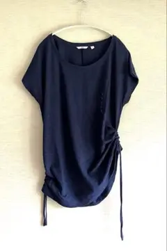 新品未使用【UNIQLO/ユニクロ】ネイビー両サイド紐付き半袖ロング丈TシャツL