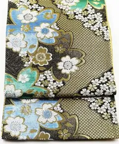 振袖用 袋帯 正絹 黒 金 紫 緑 桜 Lサイズ F5788 中古美品