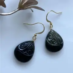 スクロールカービング✧ゴールデンオブシディアンピアス✧14kgf