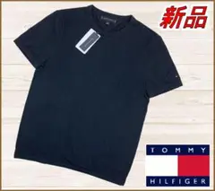 【新品】トミーヒルフィガー綿麻ニットセーター半袖Tクルーネック紺ネイビーS
