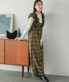 Kastane○オリーブチェック フリル付きサロペット サイズ1