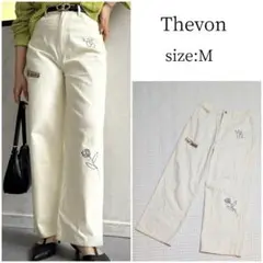 Thevon ペイント刺繍ワイドパンツ アイボリー コットンパンツ Mサイズ