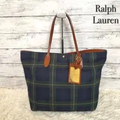 ラルフローレン トートバッグ ゴールドプレート レザー キャンバス チェック