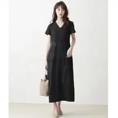 ナノユニバース Aperi 黒 フレアスリーブロングレースワンピース　ドレス中古