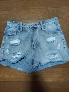 ライトブルー ダメージデニムショートパンツ140