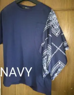 バンダナ スカーフ ペイズリー アシンメトリーTシャツ 変形 NAVY