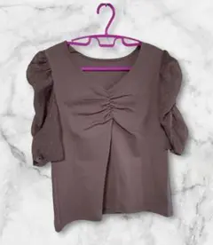GU レディース ブラウン Vネック パフスリーブ 半袖 Tシャツ 新品