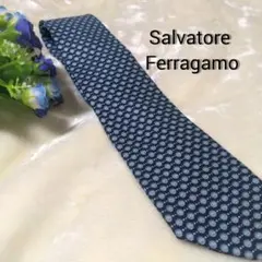 【Salvatore Ferragamo】青 柄 ブランドロゴ シルク ネクタイ