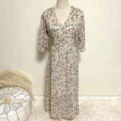 Avail アベイル 花柄ロングワンピース Vネック ベージュ M 七分袖