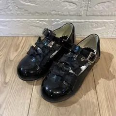 axes femme リボン付き黒フォーマルシューズ エナメル キッズ