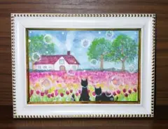 花畑と猫　ポストカード　水彩画　原画