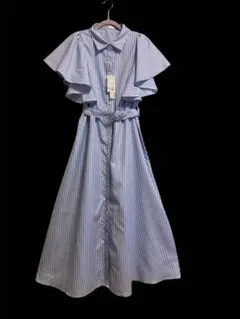 新品【Swing by】ラッフルストライプシャツワンピース◇サックス◇