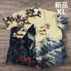 新品　猫 ネコ ねこ 和柄 桜 白波　海　個性的　浮世絵　日本　和柄シャツ