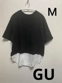 GUジーユー　シャツテールコンビネーションチュニックTシャツ ５分袖　ブラックＭ