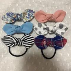 細ボーダーターコイズブルー花柄6点セット ヘアゴム リボン キッズ お揃い