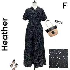 【Heather】ヘザー ドット ワンピース ロングワンピース プリーツ 黒