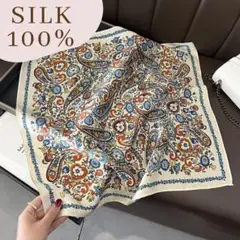 【新品】シルク100% スカーフ 53cm 正方形 ペイズリー マルチ 高品質