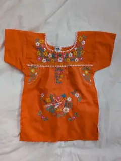 キッズ古着 メキシコ製 花柄刺繍 メキシカンワンピース オレンジ