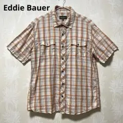 【美品】Eddie Bauer 半袖シャツ M オレンジ系 チェック柄