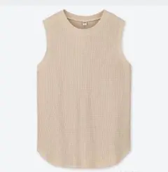 ワッフルT ベージュ ノースリーブ トップス