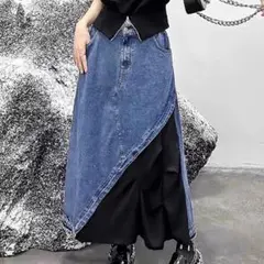 デニム ロングスカート 大きいサイズ 楽チン Aライン 切り替え ウエストゴム
