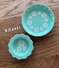 即購入OK◎新品 花柄 プレート 皿 2点 ライトグリーン 昭和レトロ