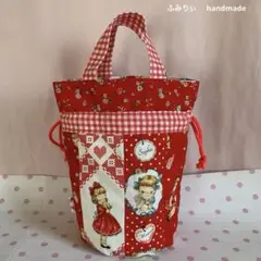 ③持ち手付き丸底巾着袋 ♫ マーガレットソフィー　レッド ♫ きんちゃく袋