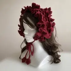 ハンドメイド　バーガンディ　ヘッドドレス　フリルたっぷり