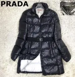 【美品】PRADA ダウンコート 三角プレート ベルト Aライン 濃紺 40