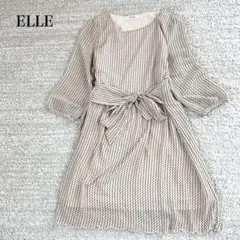 エル 七分袖フレアワンピース レーヨン混 ドット柄 ウエストリボン 美シルエット