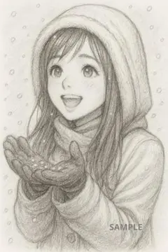 モノクロ鉛筆画風 雪を見上げて受け止めるダッフルコートの少女 No.57